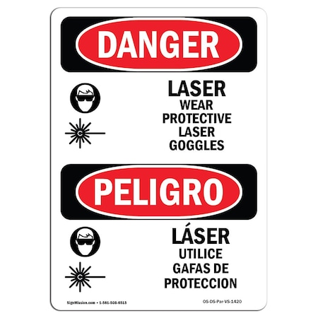 Signmission OSHA Sign, Laser Wear Protective Goggles Bilingual, 18in X 12in Decal, 12" W, 18" H, Spanish OS-DS-D-1218-VS-1420